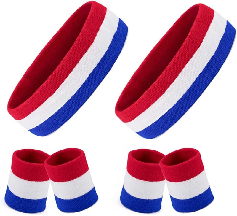 BEFORYOU Striped Sweatbands Set, Sports Headband and Wristbands Sweatbands Colorful Cotton Striped Sweatband Set American Flag Style for Men and Women - Image 1
